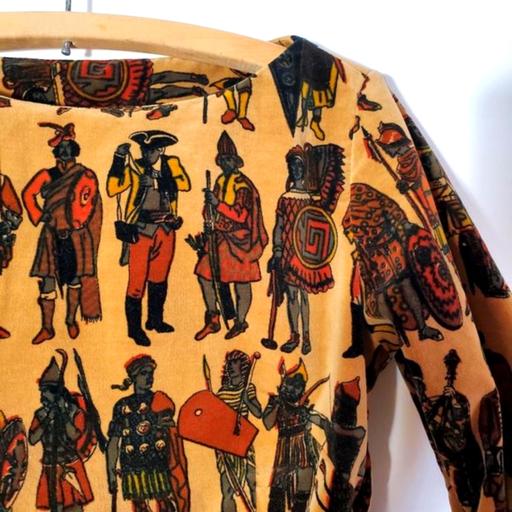 Vintage Velvet Boat Neck Medieval Knights Warriors Print Armor Cropped Shirt - Picture 1 of 15